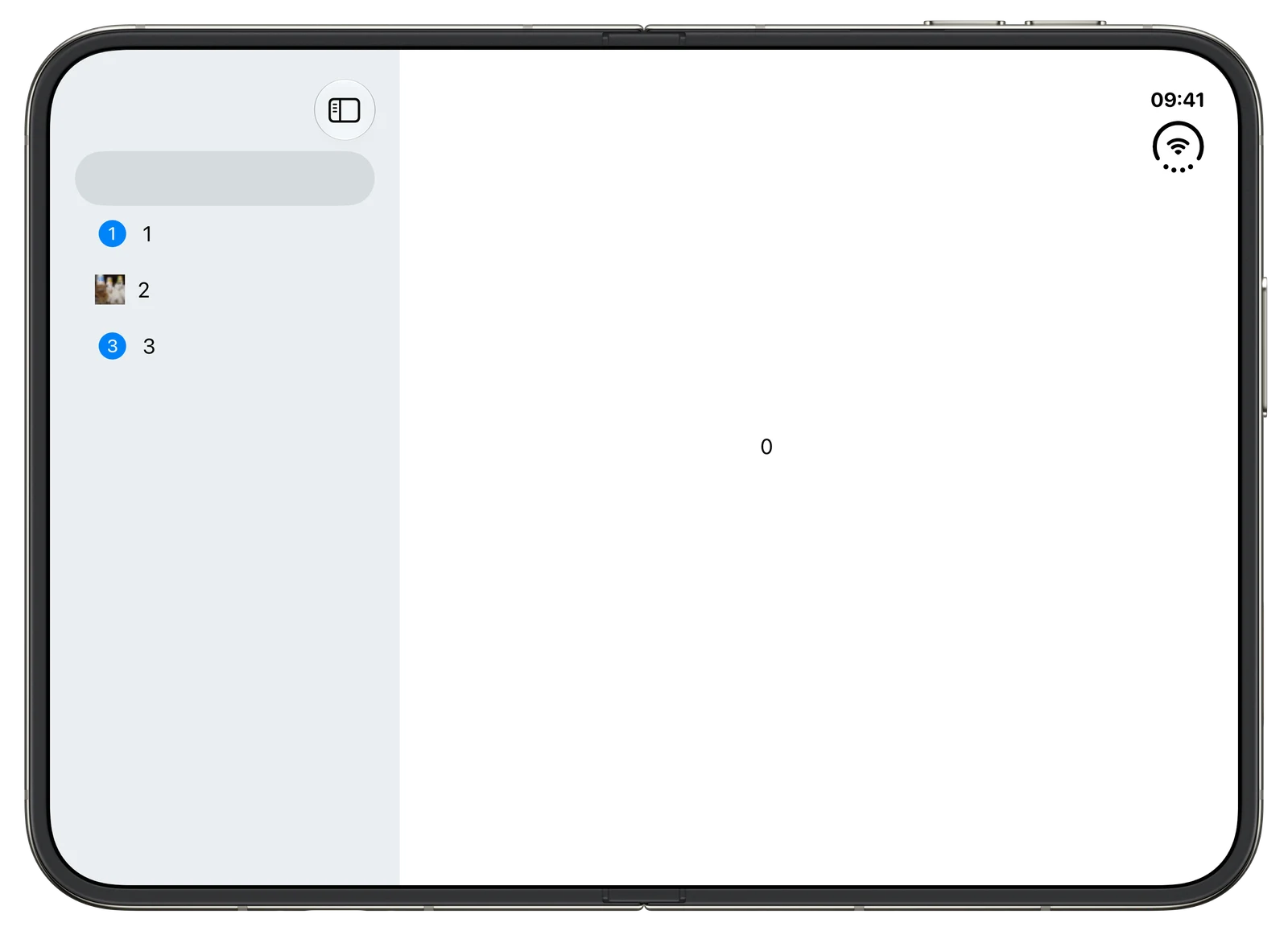 Default Tab Bar Placement - iOS on iPhone Duo - Landscape - Fully Open - Liquid Glass - Light Mode - Preview