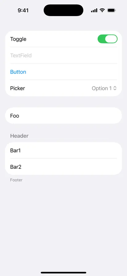InsetGroupedListStyle - iOS on iPhone - Portrait - Flat Design - Light Mode - Preview
