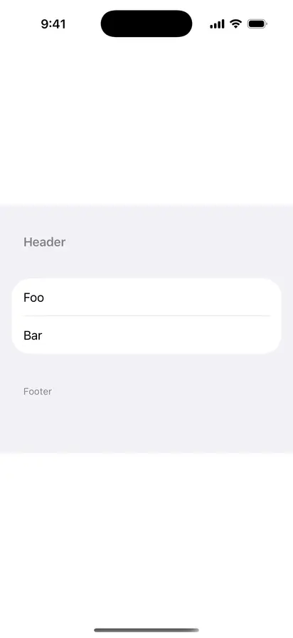 Default Min List Header Height - iOS on iPhone - Portrait - Flat Design - Light Mode - Preview