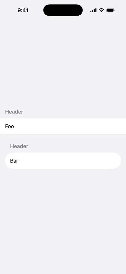 List Section Margins - iOS on iPhone - Portrait - Liquid Glass - Light Mode - Preview