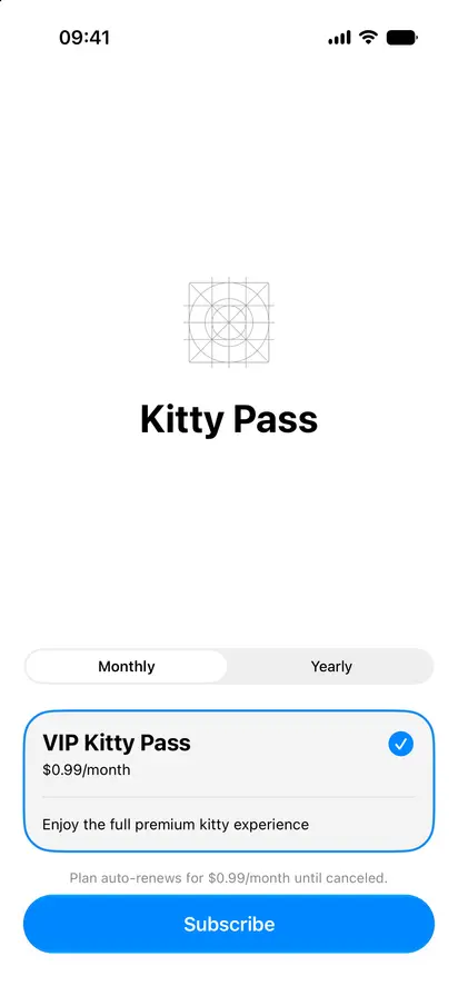 Custom Group Subscription Store View - iOS Liquid Glass Light Mode Preview