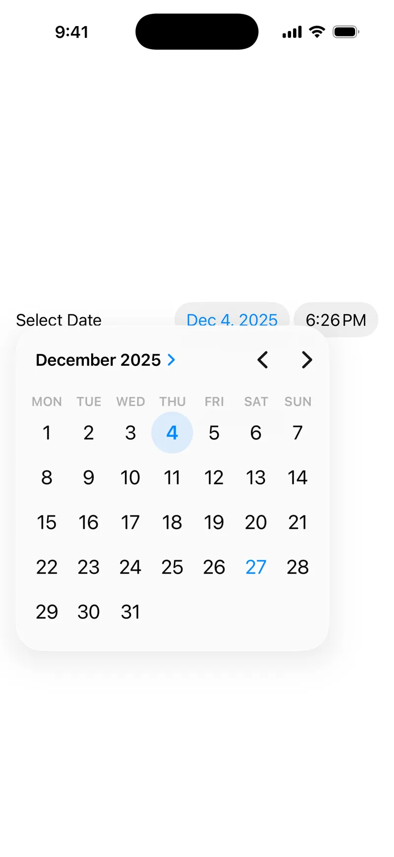 DatePicker - iOS Liquid Glass Light Mode Preview