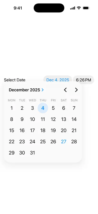 DatePicker - iOS on iPhone - Portrait - Liquid Glass - Light Mode - Preview