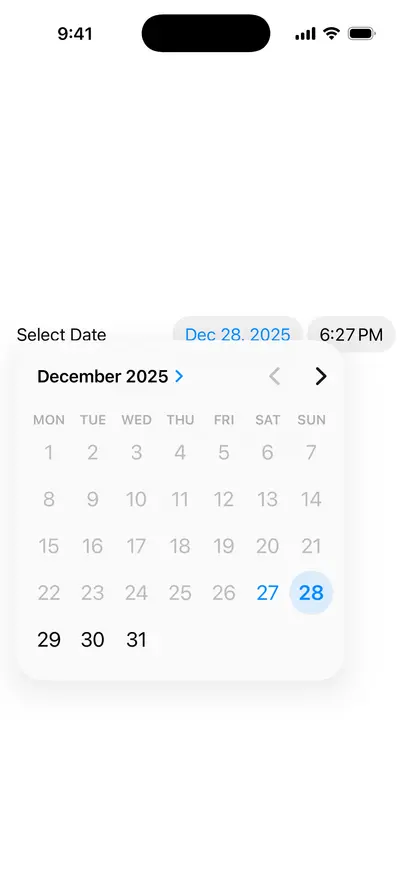 Future DatePicker - iOS on iPhone - Portrait - Liquid Glass - Light Mode - Preview