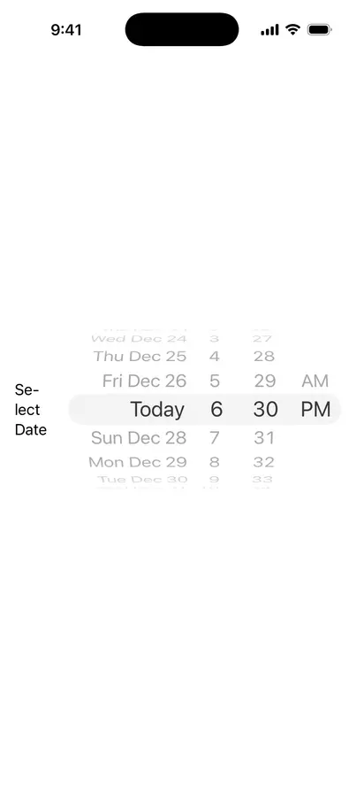 WheelDatePickerStyle - iOS on iPhone - Portrait - Liquid Glass - Light Mode - Preview