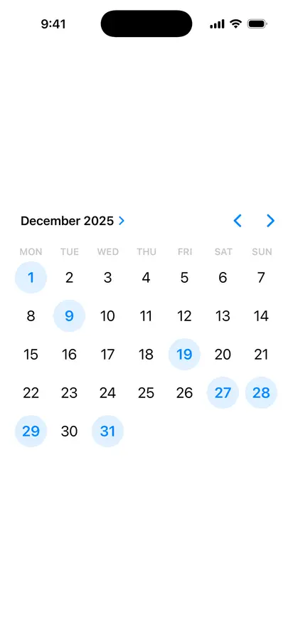 MultiDatePicker - iOS on iPhone - Portrait - Liquid Glass - Light Mode - Preview