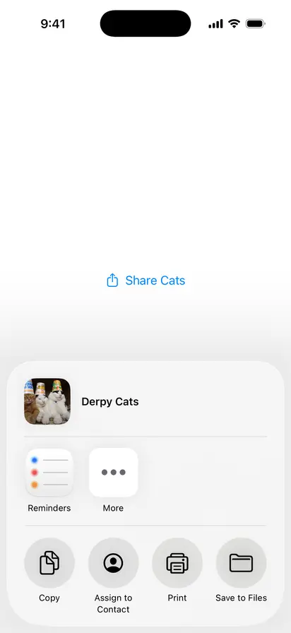 Custom Preview Item ShareLink  - iOS on iPhone - Portrait - Liquid Glass - Light Mode - Preview