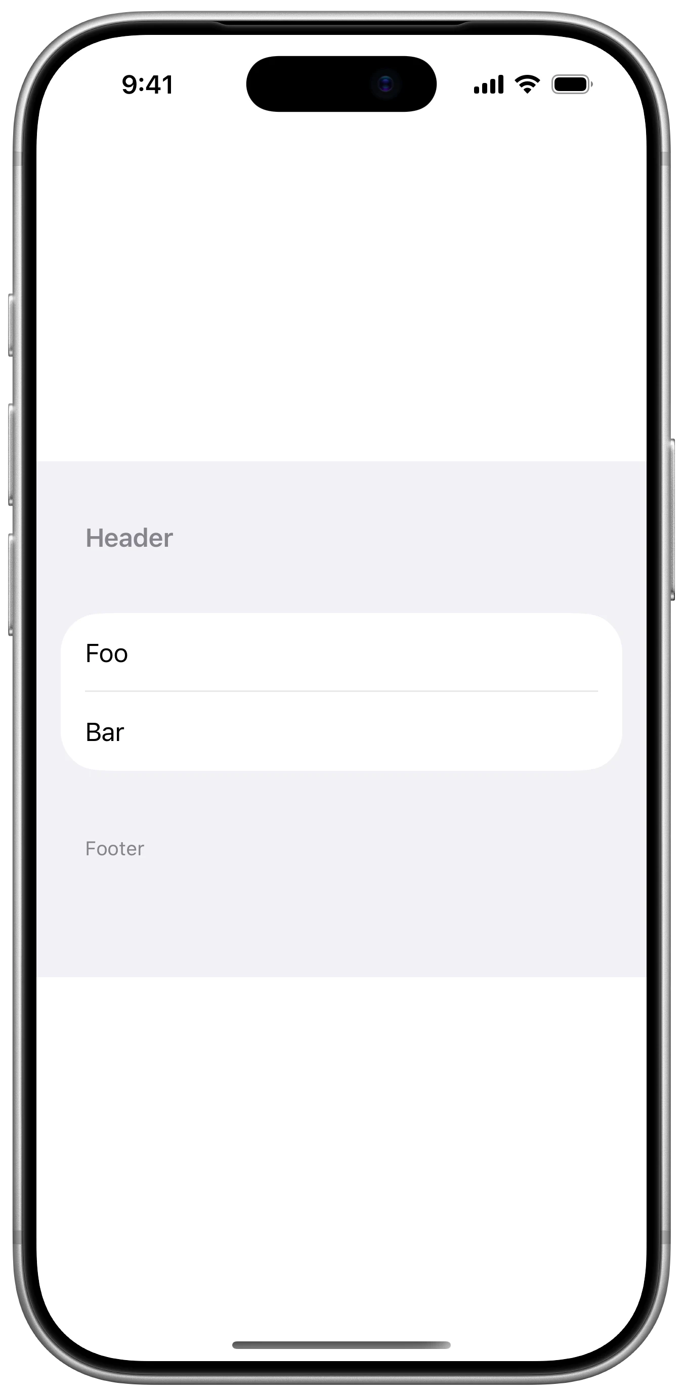 Default Min List Header Height - iOS on iPhone - Portrait - Flat Design - Light Mode - Preview