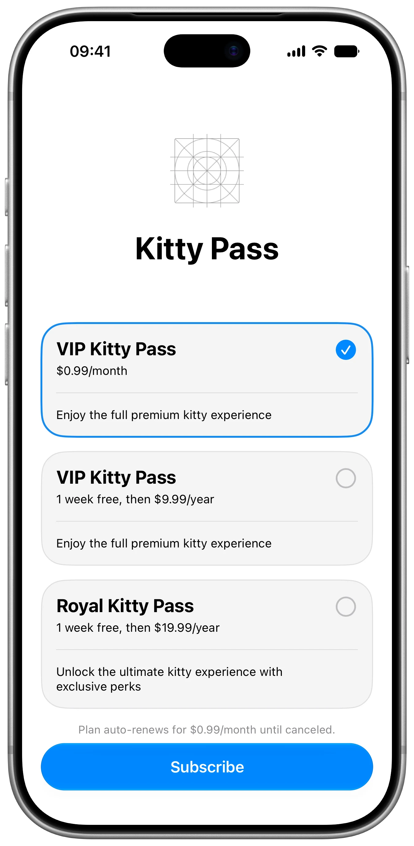 Subscription Store View - iOS on iPhone - Portrait - Liquid Glass - Light Mode - Preview