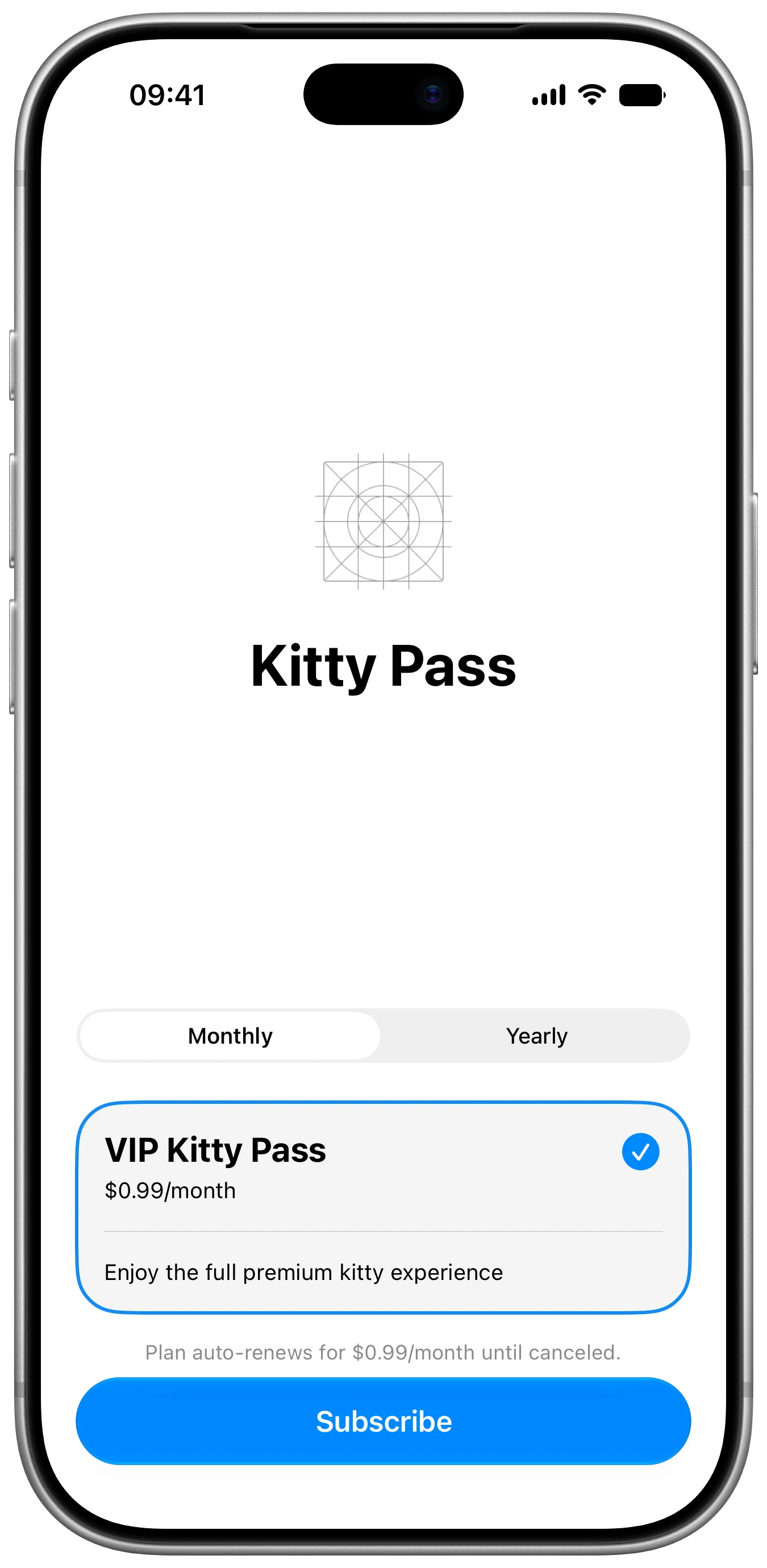 Custom Group Subscription Store View - iOS on iPhone - Portrait - Liquid Glass - Light Mode - Preview