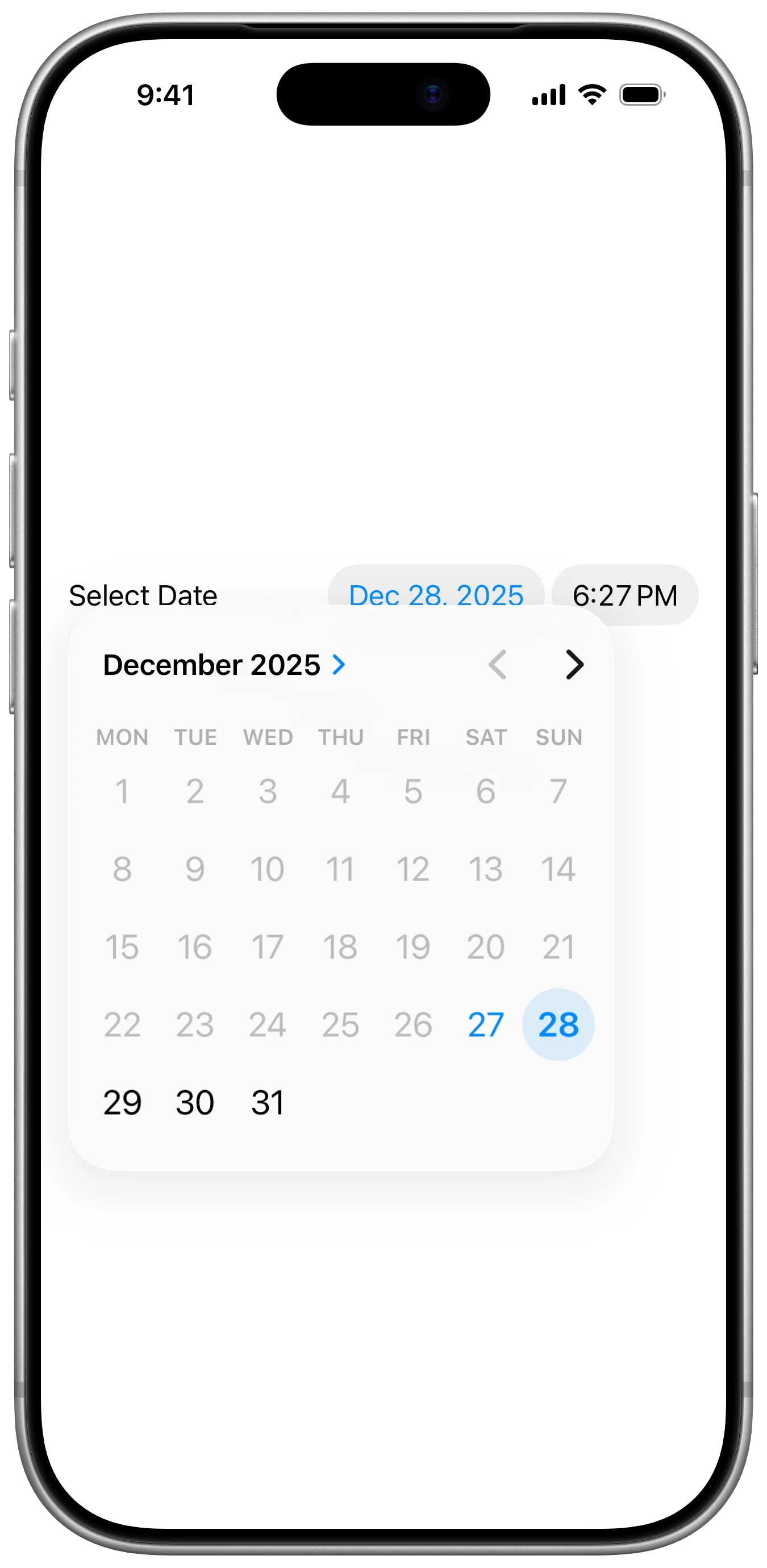 Future DatePicker - iOS on iPhone - Portrait - Liquid Glass - Light Mode - Preview