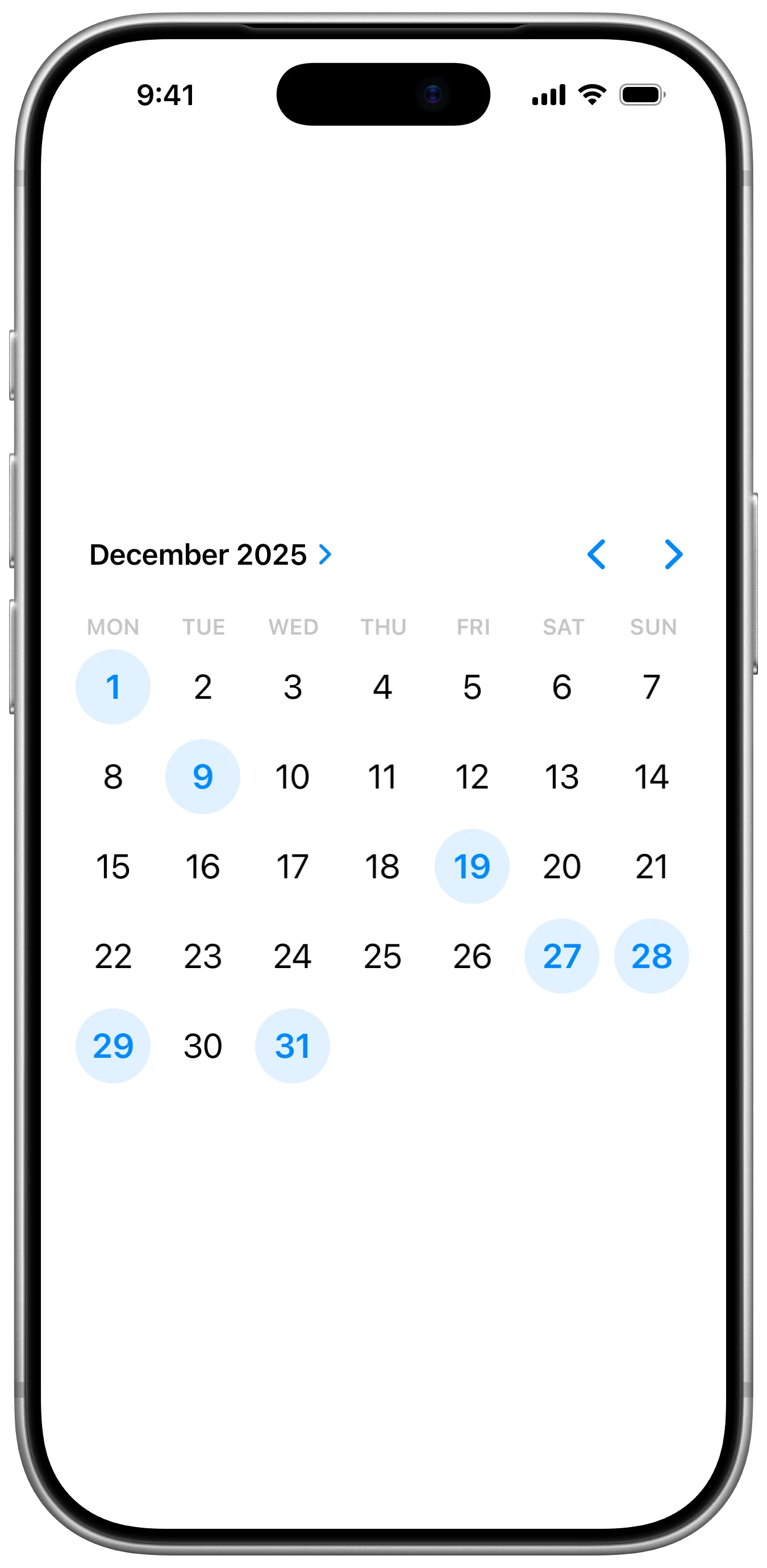 MultiDatePicker - iOS on iPhone - Portrait - Liquid Glass - Light Mode - Preview