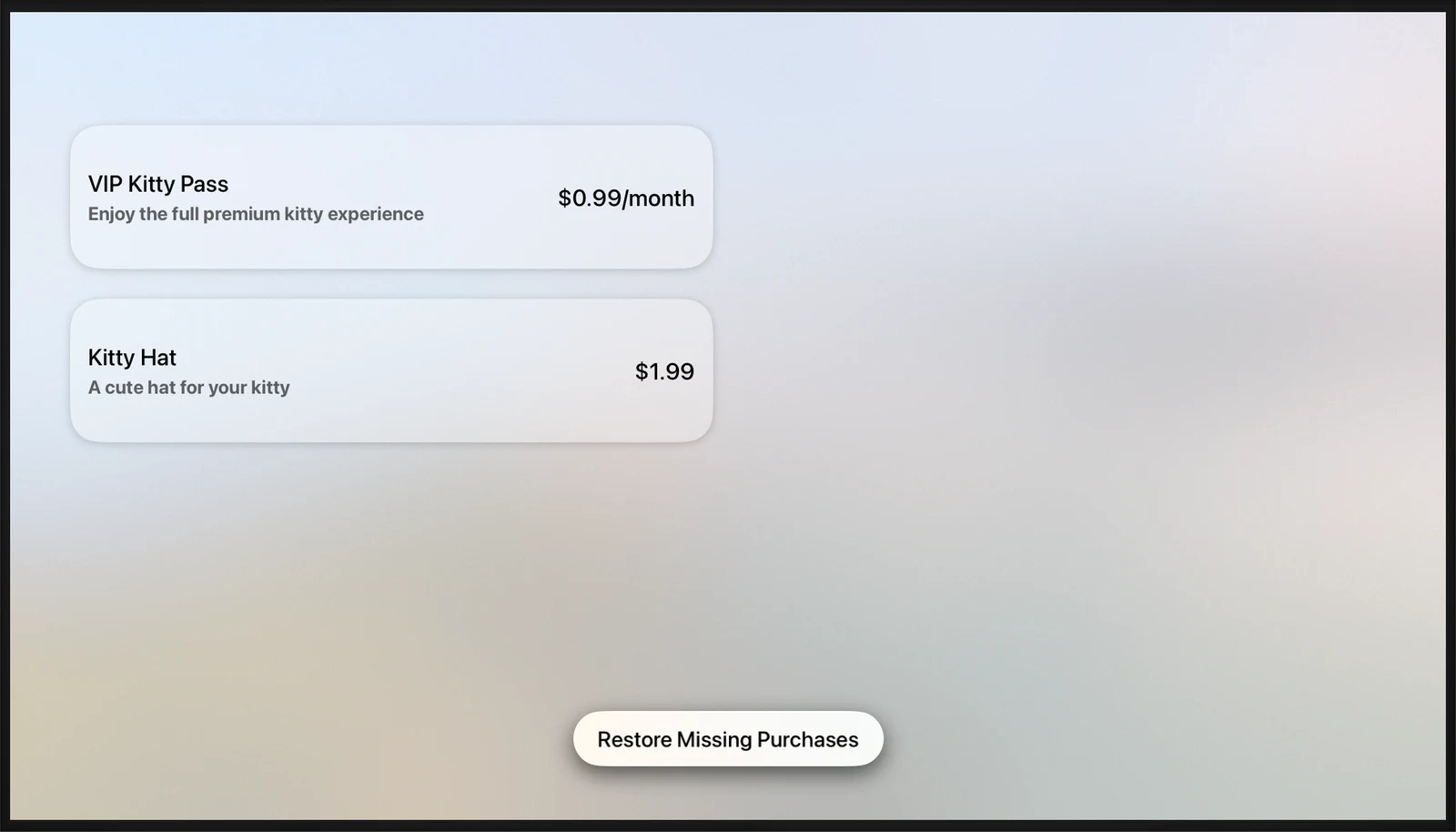 Restore Purchases Button - tvOS - Liquid Glass - Light Mode - Preview