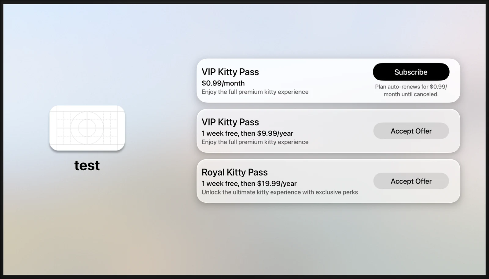 Subscription Store View - tvOS - Liquid Glass - Light Mode - Preview